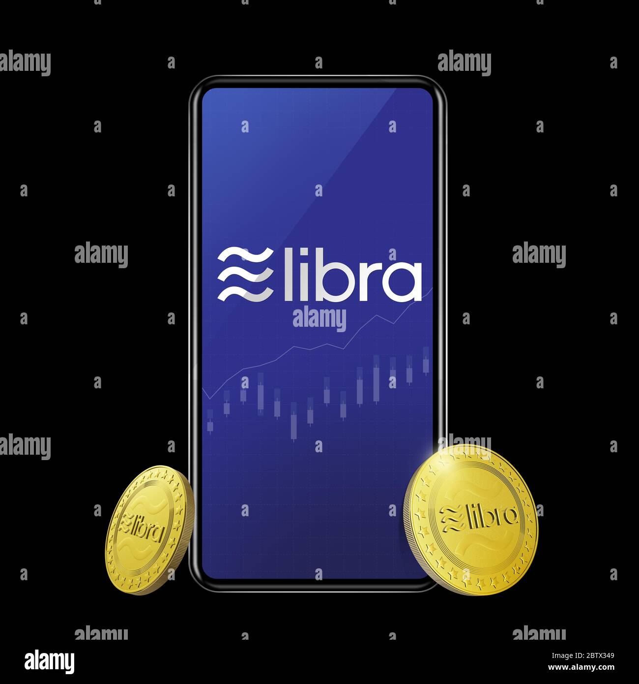 Smartphone mit Libra-Logo auf dem Bildschirm und Kryptowährung digitale goldene Münzen isolieren auf schwarzem Grund, Facebook kündigt Libra Kryptowährung Stockfoto