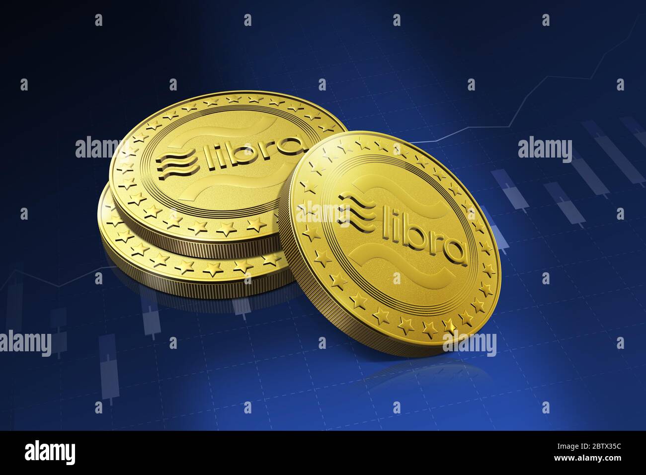 Libra Kryptowährung digitale goldene Münzen auf blauem Hintergrund, Facebook kündigt Libra Kryptowährung in einfach zu bedienende Konzept, 3D-Rendering Stockfoto