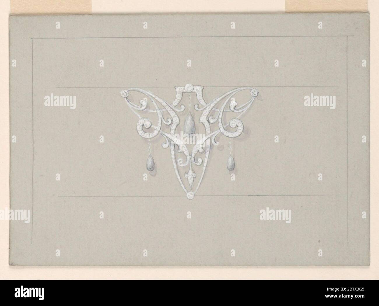 Design für eine Brosche. Forschung in ProgressBordering Lines AS 1939-84-20. Schema, gebildet durch Rollen und Bänder von Diamanten. Drei Tropfen. Stockfoto