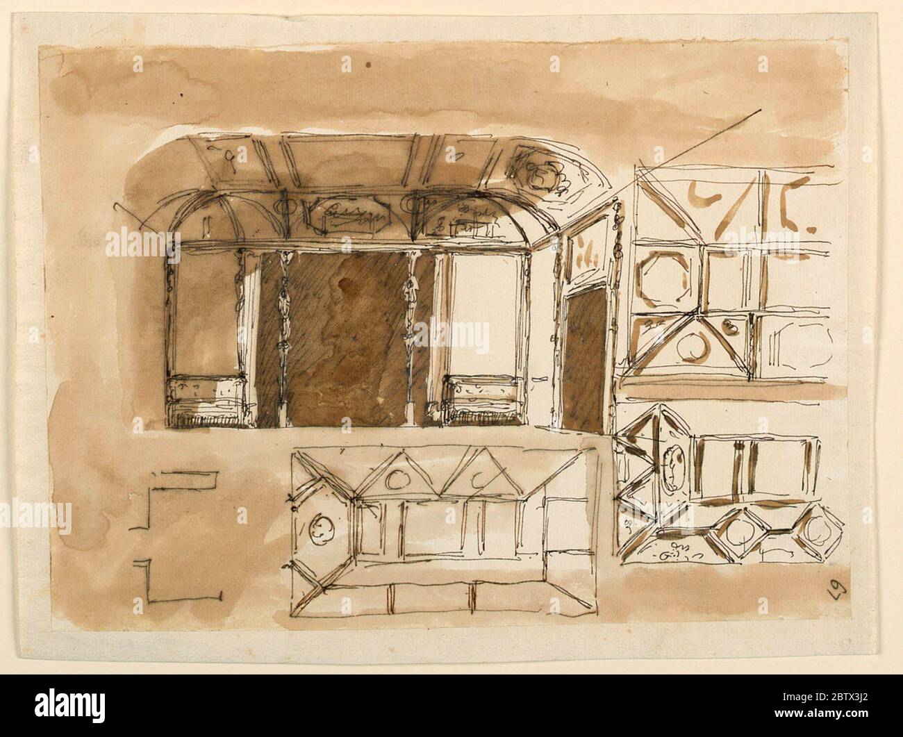 Design für Dekorationen für ein Schlafzimmer. Forschung in ProgressOben links: Abschnitt mit dem hinteren Teil des Raumes. Eine Tür ist an der rechten Wand. Sofas stehen an den Wandpaneelen neben der Nische. Seine Front ist durch Stützen in eine breite zentrale und zwei schmale seitliche Öffnungen unterteilt; Vorhänge hängen in den letzteren. Stockfoto
