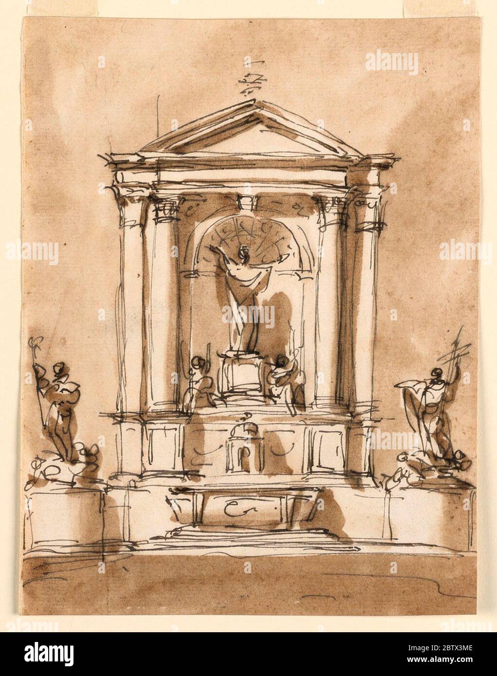 Entwurf für einen Hauptaltar. Forschung in ProgresseDer Retable hat die Form einer Nische, eingerahmt von zwei eingebetteten Säulen und außen von zwei weiteren an den Enden des zurücktretenden Teils. Die Spalten stehen auf Sockeln, die in ihrer Reihe auf einer Unterseite stehen. Stockfoto