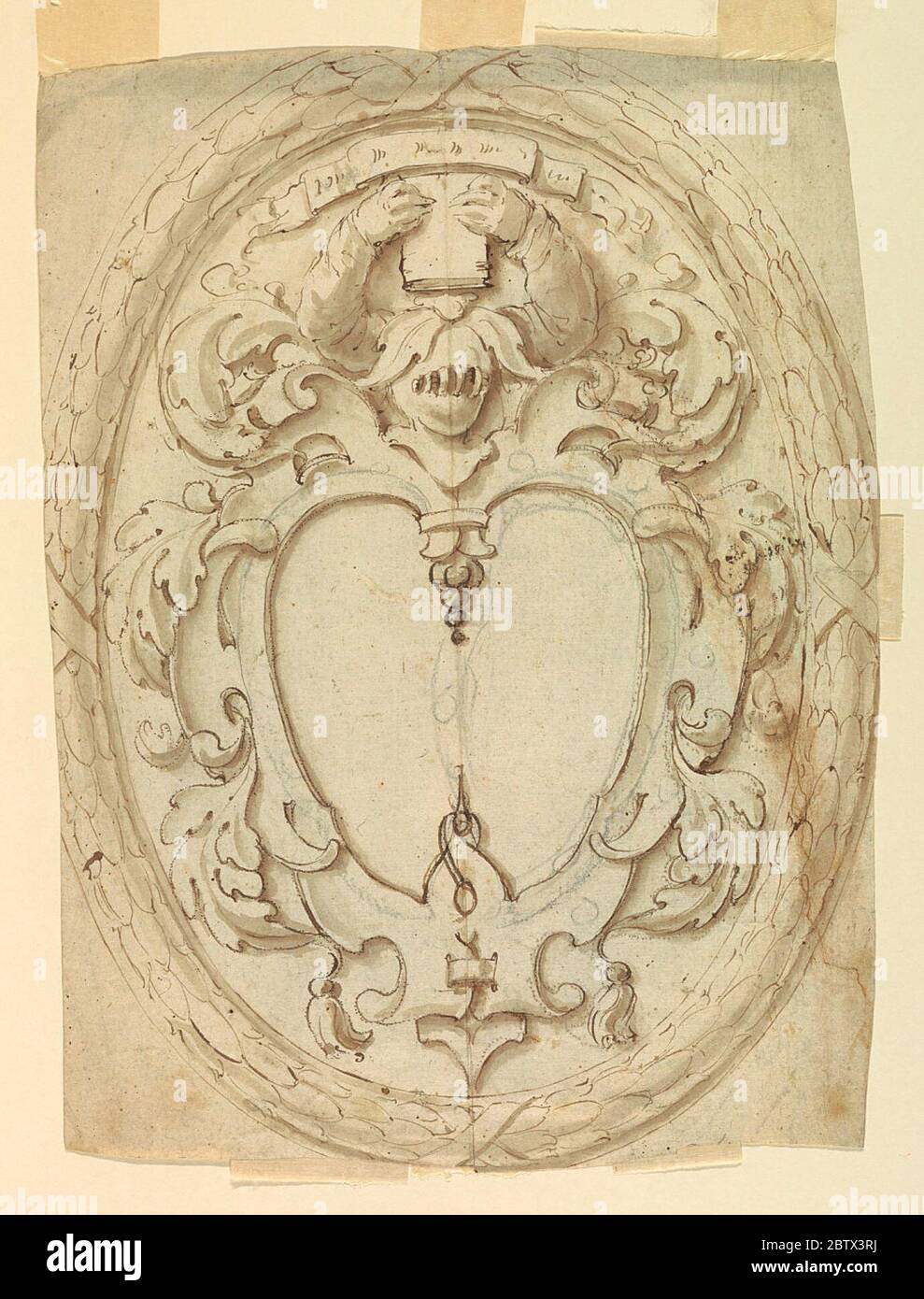 Design-Variation des modellierten Wappen im Jahr 1938888222 gesehen. Forschung im ProgressDie Gebühren und das Motto werden nicht gezeigt. Das manteling wird reduziert und Details verändert. Der Rahmen zeigt einen Lorbeerkranz. Das Design des Escutcheons wurde durch das Einstechen von einer Seite auf die andere übertragen. Verso: Zwei Entwürfe sind begonnen. Stockfoto