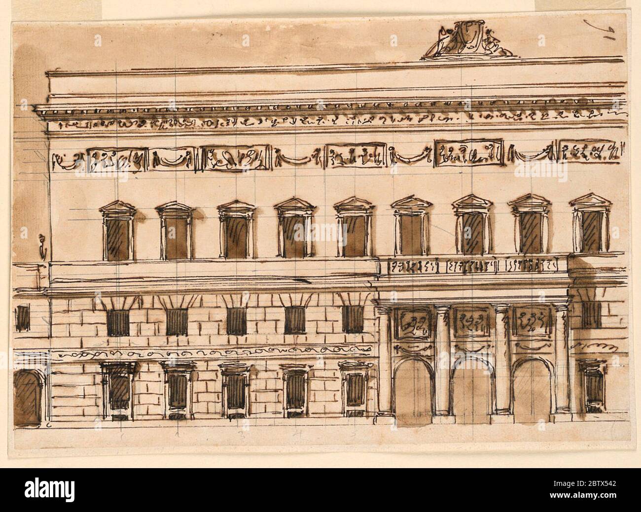 Erhebung eines Stadtherrenhauses. Forschung in FortschrittenEntwurf für eine façade des Palazzo Braschi alle Convertite. Stockfoto