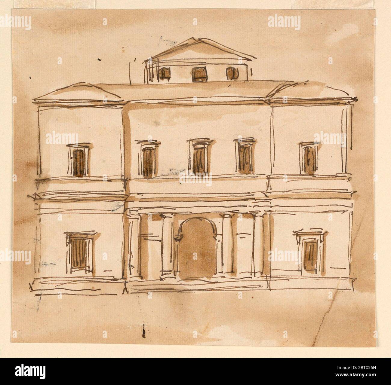 Höhe einer Villa. Forschung im FortschrittIm Erdgeschoss des zentralen Abschnitts: Gewölbter Eingang flankiert von Paaren von eingebetteten dorischen Säulen; im Obergeschoss: Drei Fenster. Leicht hervorstehende Seitenbereiche mit einem Fenster in beiden Etagen. Eine Mansarde mit dreieckigem Giebel im mittleren Heck. Stockfoto