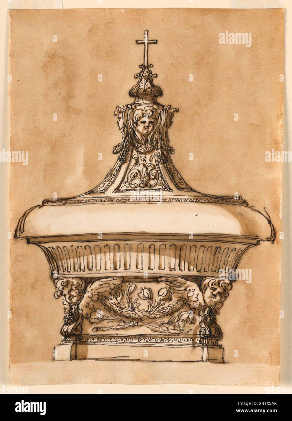 Entwurf für eine Taufschrift. Forschung in ProgresseDie Schale ist niedrig und in den geriffelten Körper und einen großen Rand unterteilt. Der Deckel hat die Form eines runden Sockels mit Cherubim über den Festonen. Es wird von einer hohen Vase getragen, deren oberer Teil vorne mit Lilienästen und einem Festoon verziert ist. Stockfoto