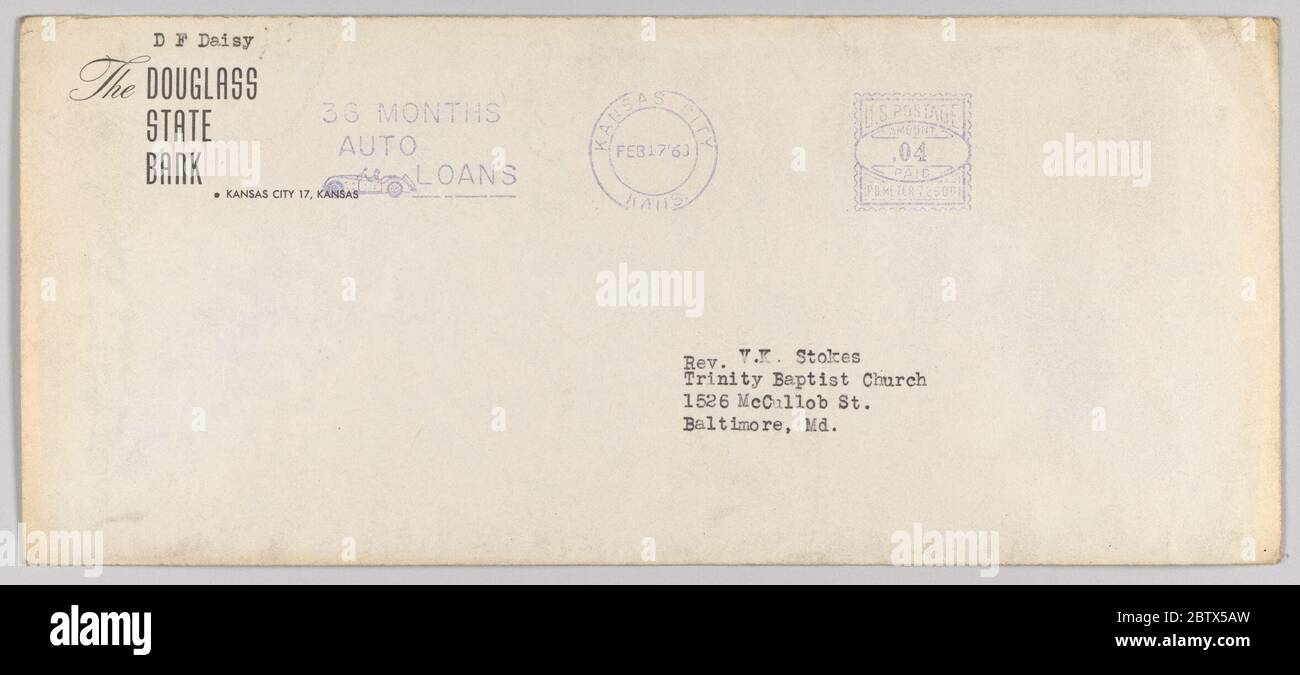 Umschlag für Brief von HW Sewing für Daisy Bates Trust Fund. Daisy Bates leitete die NAACP Niederlassung in Arkansas und war für die Integration der Little Rock Schule verantwortlich. Bates arbeitete an der Organisation eines sicheren Integrationsprozesses und betreutes die ersten Studenten, bekannt als die Little Rock Nine. Aufgrund intensiver Proteste, Präsident Dwight D. Stockfoto