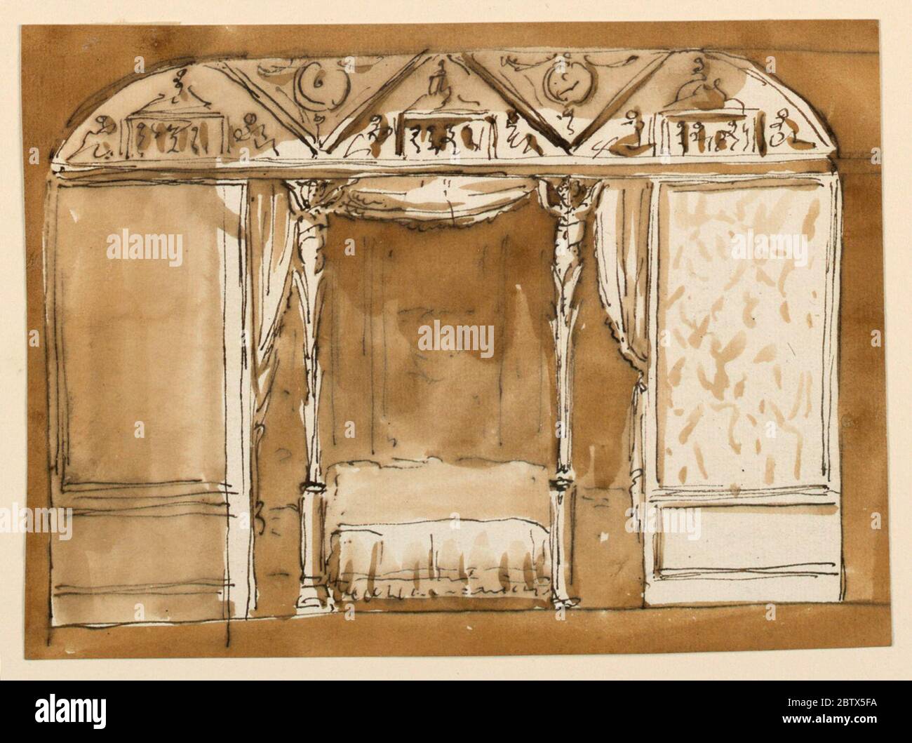 Design für eine Schlafnische. Forschung in ProgressEine Variation von -1638, oben. Die gaines - Figuren, die aus Trauben springen, die auf kurzen Säulen stehen - sind näher an den Wänden als zueinander. Stockfoto
