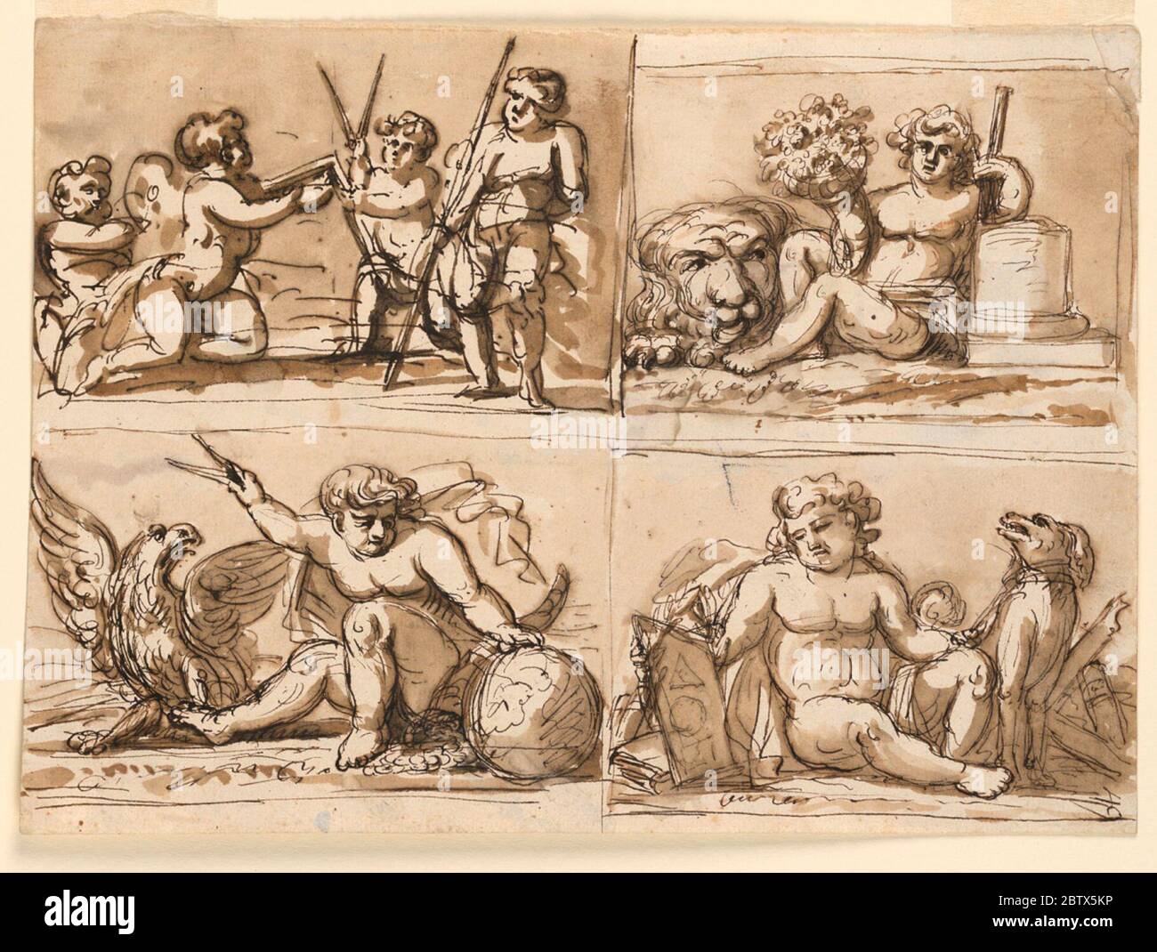 Design für Deckendekoration vier allegorische Darstellungen. Forschung in ProgressObere Reihe: Links vier Jungen mit geometrischen Instrumenten. Rahmenlinien rechts und unten. Rechts: Ein sitzender Bogen mit Füllhorn. Neben ihm ist ein kauernder Löwe. Rahmenlinien. Untere Reihe, links: Ein Junge sitzt neben einem Globus. Stockfoto