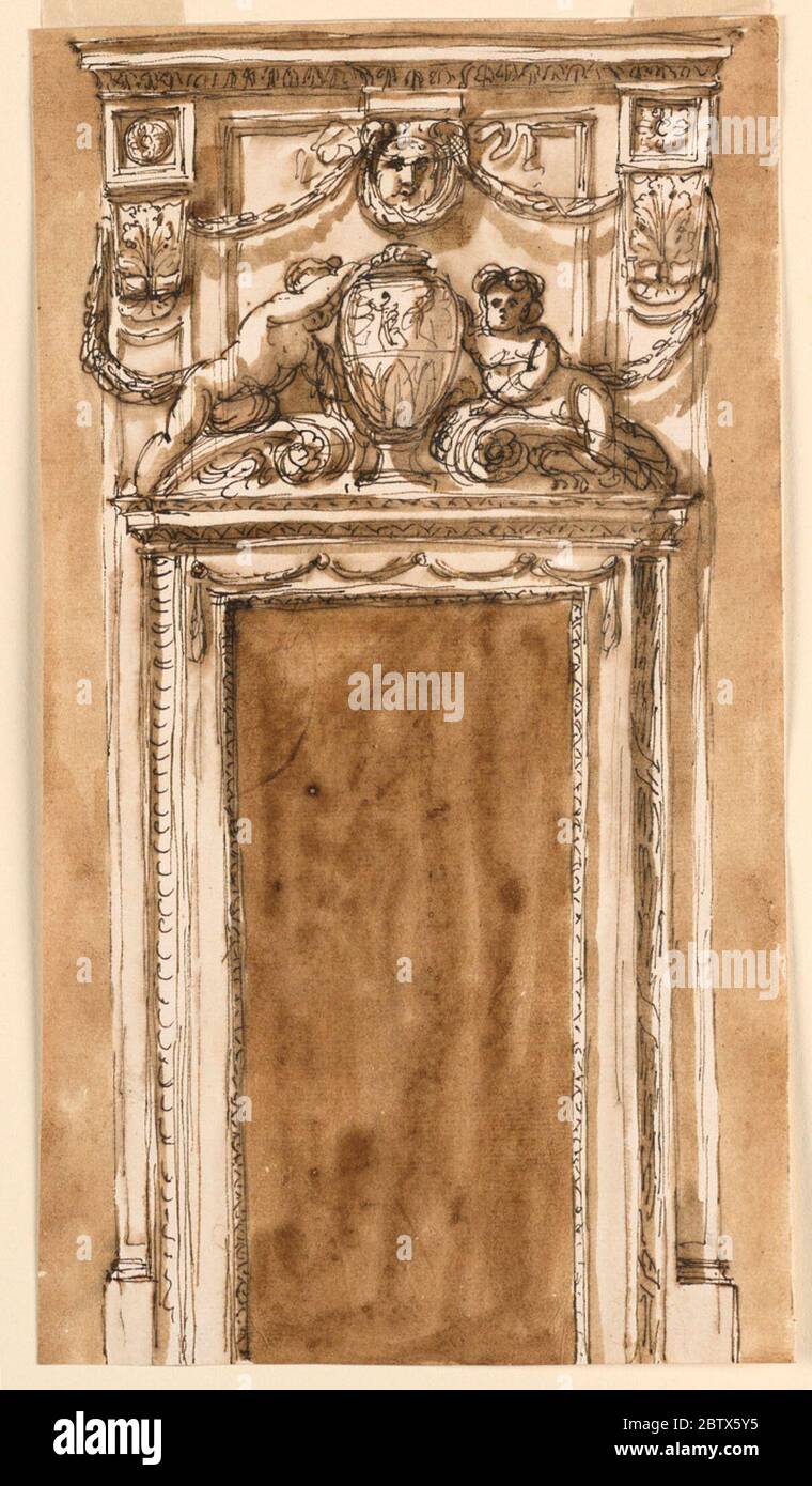 Design für einen Doorcase. Forschung in ProgressDer Türrahmen besteht aus Formteilen, mit einer Entablatur und einem gebrochenen Giebel mit einer zentralen Vase. Zwei Kinder; das linke kniet, das rechte auf Gesimsen liegend. Stockfoto