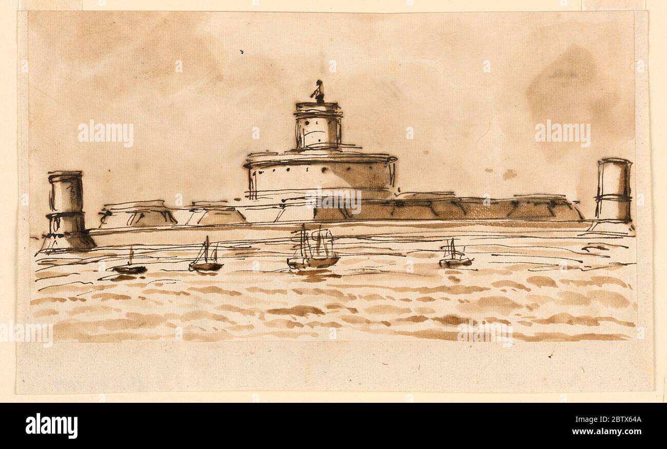 Fantastisches Mausoleum. Forschung in ProgressDer Plan ist kreisförmig mit einem zentralen runden Turm, mit einer Figur auf der Oberseite. Sein allgemeiner Plan ist viereckig, mit einer Ecke in der Mitte der Front. Eine untere, gerade Außenwand hat links und rechts runde Türme. Es ist von Wasser umgeben. Stockfoto