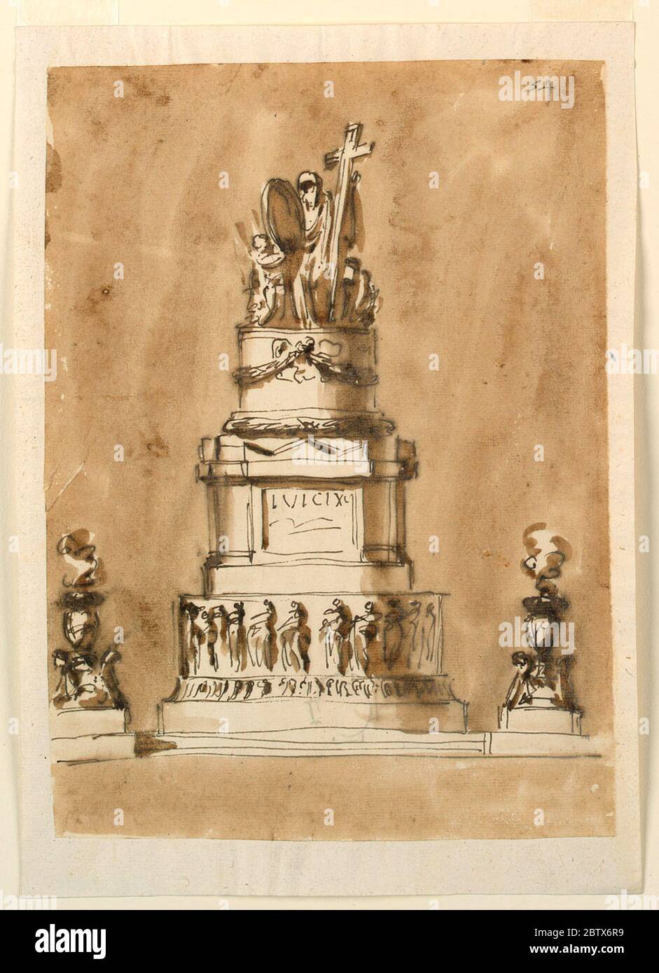 Funerarl Dekorationen für Ludwig XVI. Von Frankreich. Forschung in ProgressEine Variation von 1938-88-1312. Die Stufen und der Leuchter in den Plänen von 1938-88-1309. Der Sockel und die Gruppe auf der Oberseite sind Variationen von 1938-88-1311, ohne Figuren, die darauf sitzen oder sich gegen sie lehnen. Stockfoto