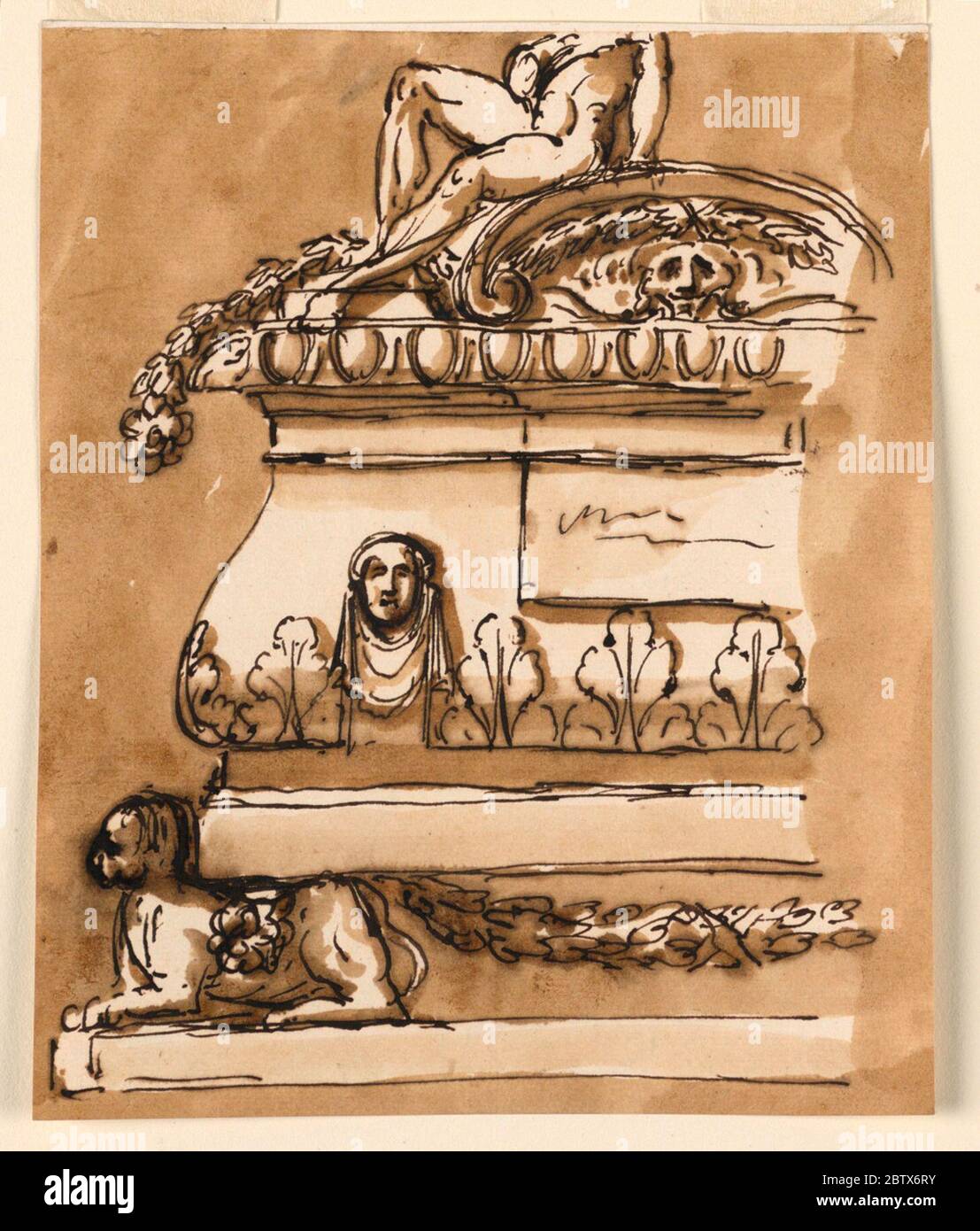 Design für einen Sarkophag. Forschung in ProgresseEtwas mehr als die linke Hälfte ist gezeigt. Unten ist eine Basis mit einem hockenden Löwen und einer Formgebung mit einem Festoon vorne, die als Stützen dient. Der Sarkophag hat die allgemeine Form einer Entablatur. Stockfoto