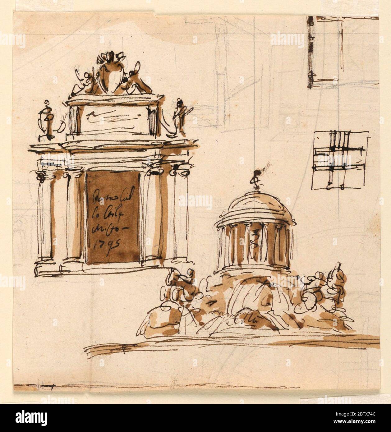 Tor und Brunnen. Forschung im FortschrittLinks: Ein Tor zu einem Haus. Die Tür wird von eingelassenen ionischen Säulen und Rückzugsplatten und Pilastern flankiert. Oben ist eine gerahmte Inschrift Tafel flankiert von alternativ vorgeschlagenen Motiven, eine Urne links, eine Figur rechts. Stockfoto