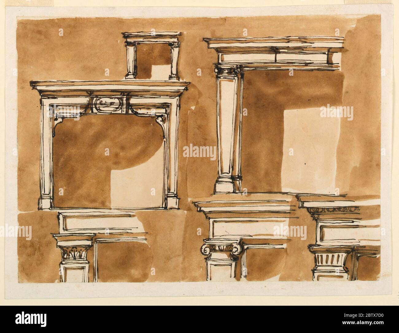 Designs für ein Mantelpiece. Forschung im ProgressLinke Reihe, oben: Im kleinen Maßstab wird eine Entablatur von gaines unterstützt, die vor Pilastern stehen. Mitte: Die Basen befinden sich seitlich darunter. Drei Seiten eines geformten Rahmens stehen darauf. Eine rückläufige Formgebung wird oben durch Halterungen unterstützt. Stockfoto