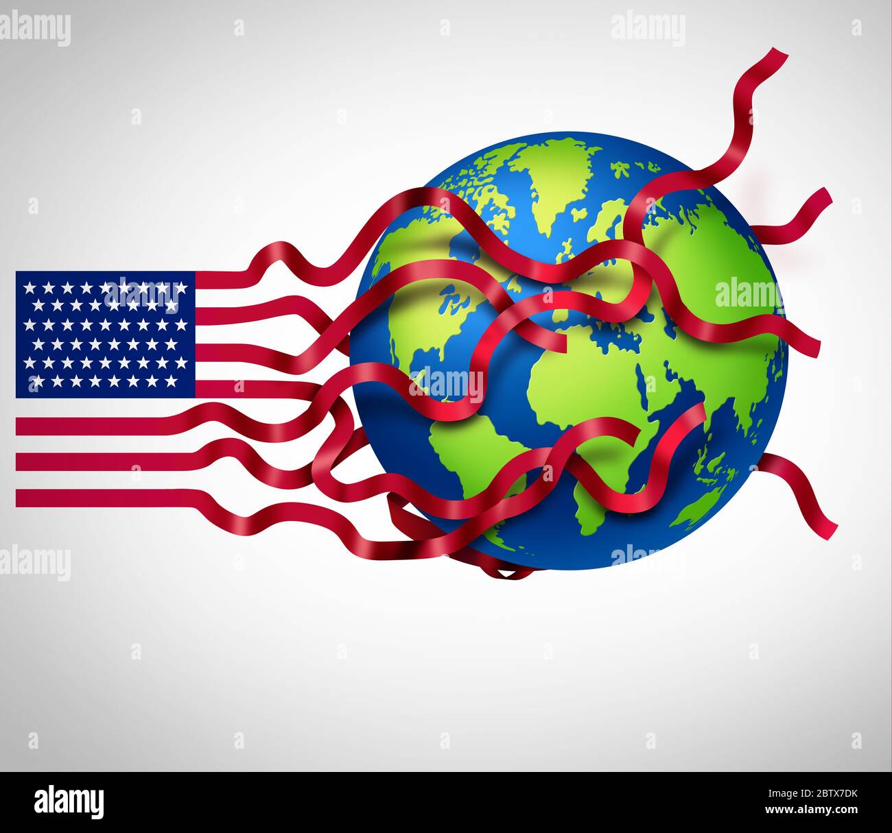 US-amerikanische globale Strategie und amerikanische internationale Planung als Symbol der Vereinigten Staaten, das die Welt mit 3D-Elementen beeinflusst. Stockfoto