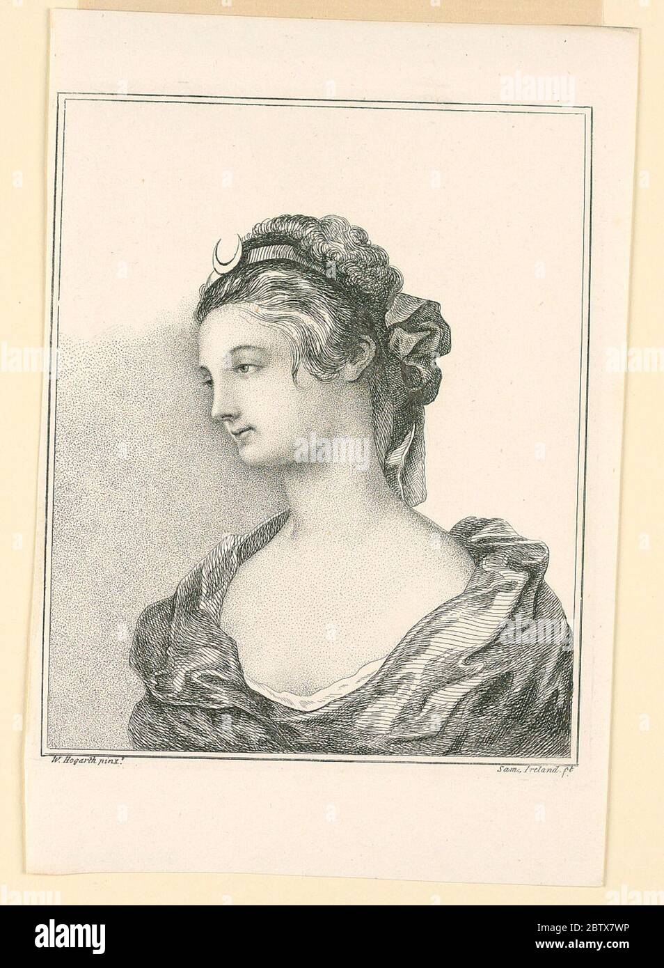 Leiterin von Diana. Forschung in ProgressEin Porträt einer jungen Frau in Dreiviertelansicht nach links. Helflang wird ihr Haar von einem Band zusammengehalten, auf dem der Halbmond vorne befestigt ist. Illustration für Irland, 'Graphic Illustrations…' I, 170. Stockfoto