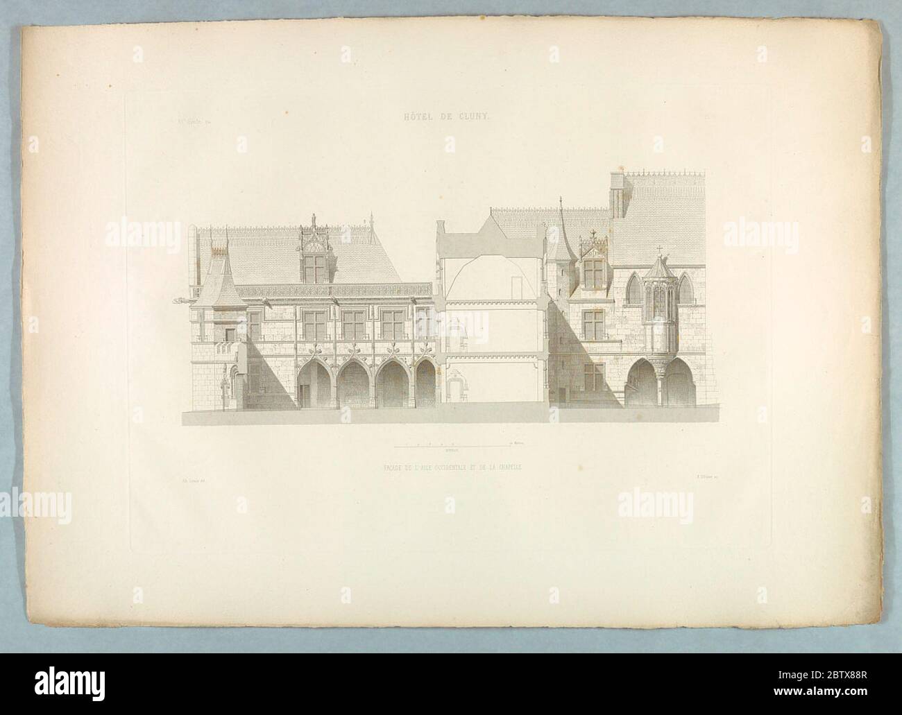 Hotel de Cluny Fassade de Laile Occidentale et de la Chapelle. Laufende Forschung Stockfoto