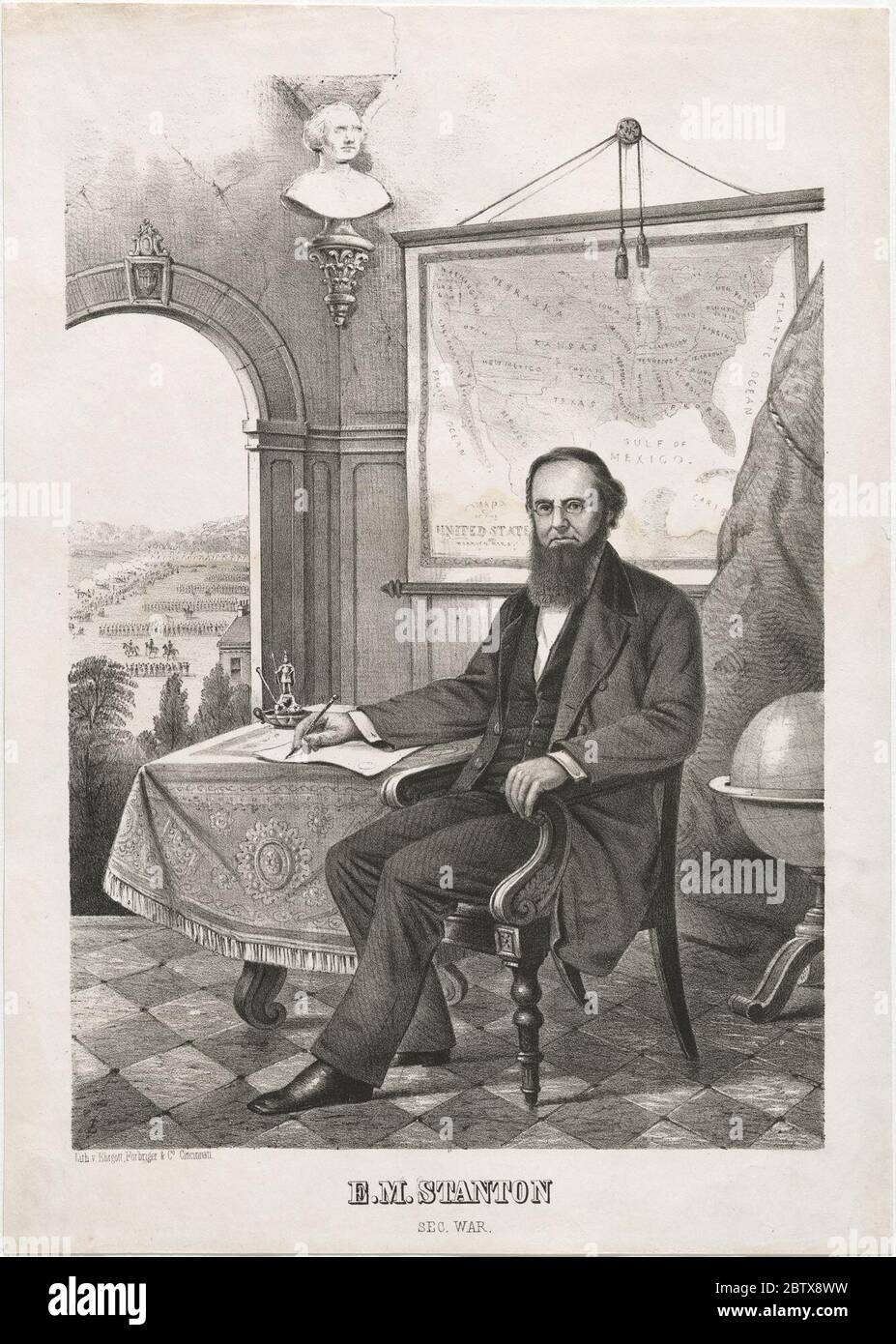 Edwin M. Stanton. Geboren Steubenville, OhioDieses Porträt von Edwin Stanton wurde von Ehrgott & Forbriger als Teil einer Druckgraphik-Serie veröffentlicht, die an politische Persönlichkeiten der Vereinigten Staaten auf dem Höhepunkt des Bürgerkriegs erinnert. Stockfoto