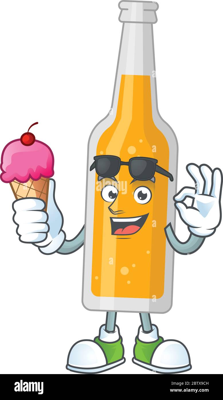 Happy face der Flasche Bier Cartoon Maskottchen mit einem Eis Stock Vektor