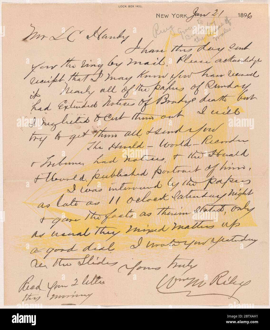 Brief an LC Handy von William M. Riley. Stockfoto