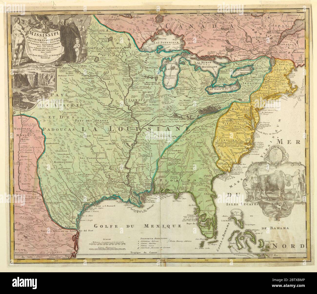 Karte von Louisiana Mississippi. Forschung in ProgressKarte von Louisiana zeigt den östlichen Teil der Vereinigten Staaten bis Kanada; verschiedene Farben werden für Louisiana (grün), Eastern States (gelb), New Mexico (rosa) und Kanada (rosa) verwendet. Stockfoto