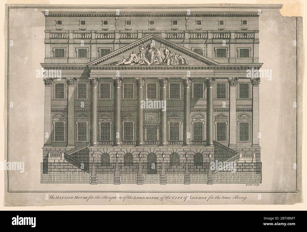 Das Mansion House London. Forschung in ProgressHaupthöhe des Mansion House, offizielle Residenz des Lord Mayor von London. Beschriftet unten rechts marschieren: 'B. Cole Sculps.'; unten: 'Das HERRENHAUS für den Empfang des Herrn BÜRGERMEISTER der STADT LONDON vorerst.' Stockfoto