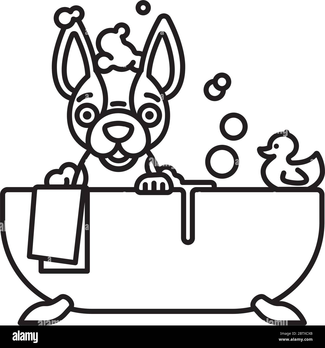 Französische Bulldogge Cartoon-Figur, die ein Bad in der Badewanne Vektor-Linie Symbol Stock Vektor