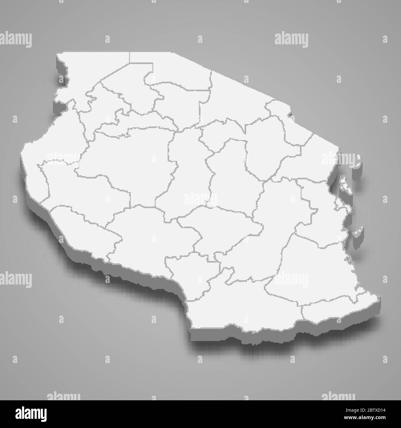 3d-Karte von Tansania mit Grenzen von Regionen Stock Vektor