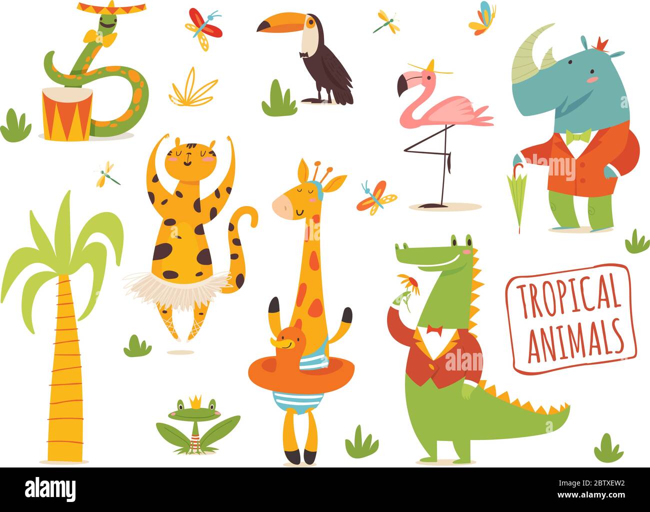 Niedlichen Vektor-Set von lustigen Cartoon Hand gezeichnet tropischen Tieren. Stock Vektor