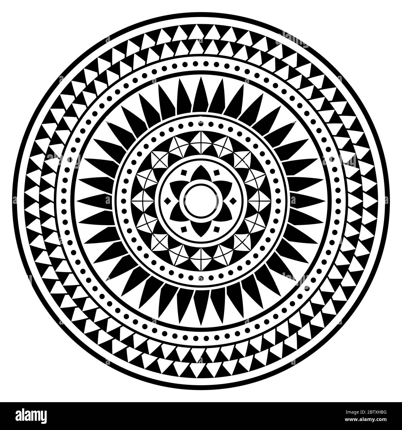 Tribal Polynesian Mandala Vektor Design, geometrisches hawaiianisches Tattoo Stil Muster in schwarz und weiß Stock Vektor