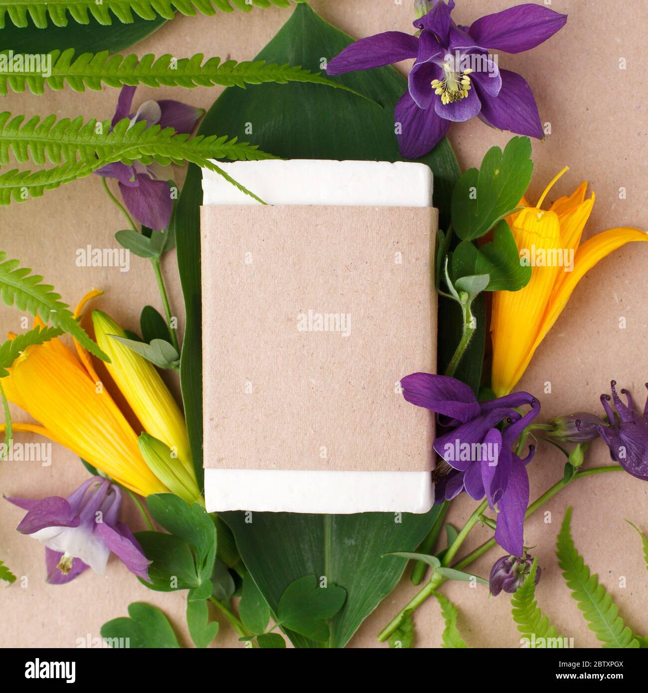 Handgemachte weiße Kokosöl Seife in Bastelpapier, Pflanzen und Blumen auf Bastelpapier Hintergrund, Hautpflegeprodukt, Handhygiene, Kräuterseifenstab in pape Stockfoto