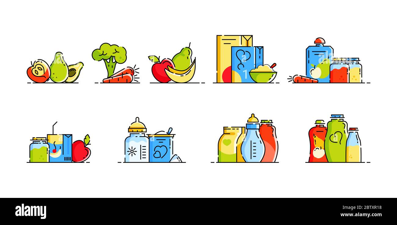 Babynahrung. Milch, Milchmischung, Müsli, Säfte, Gläser Kartoffelpüree, Karotten, Äpfel, Bananen, Avacados. Satz von Symbolen in einem flachen Stil. Design-Zustand Stockfoto