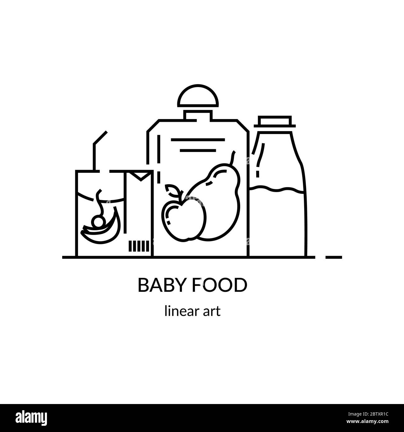 Saft, Obst oder Gemüsebrei für eine gesunde Ernährung des Babys. Gesunde Ernährung Vektor-Illustration in linearer Stil. Konzept für Magazingestaltung, broc Stockfoto