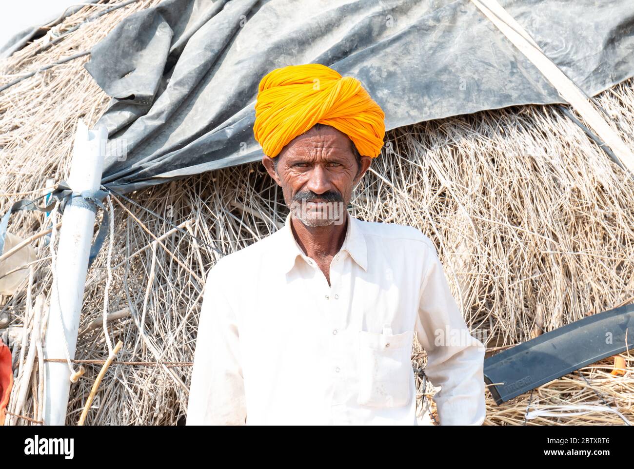 Porträt eines Mannes aus Jaisalmer in der Thar Wüste mit bunten Turban, Jaisalmer, Rajasthan Stockfoto