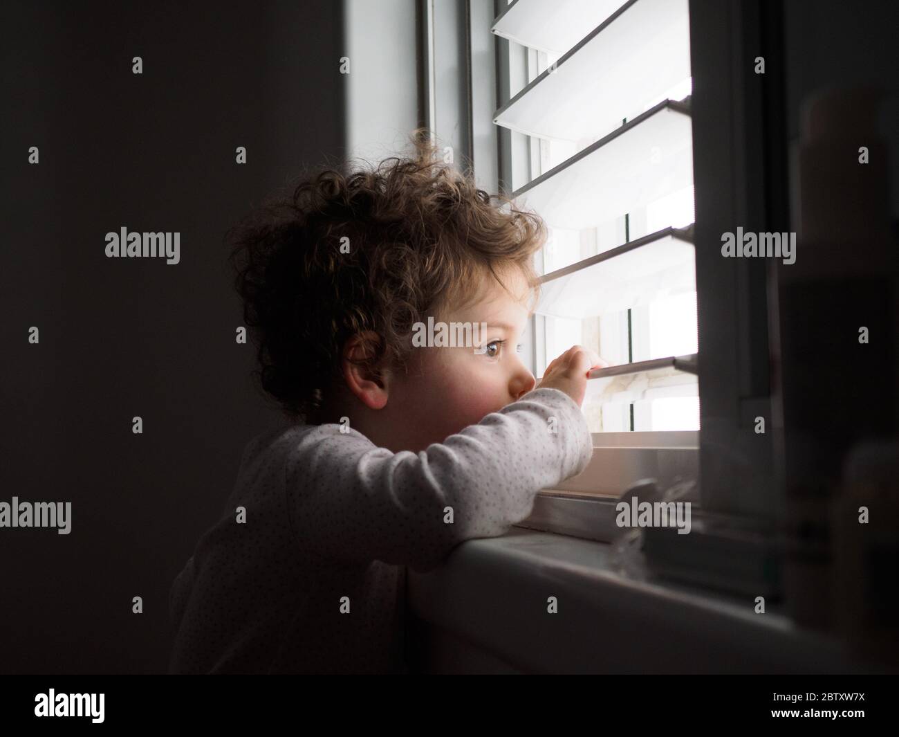 Das zwei Jahre alte Kleinkind schaut aus dem Fenster Stockfoto