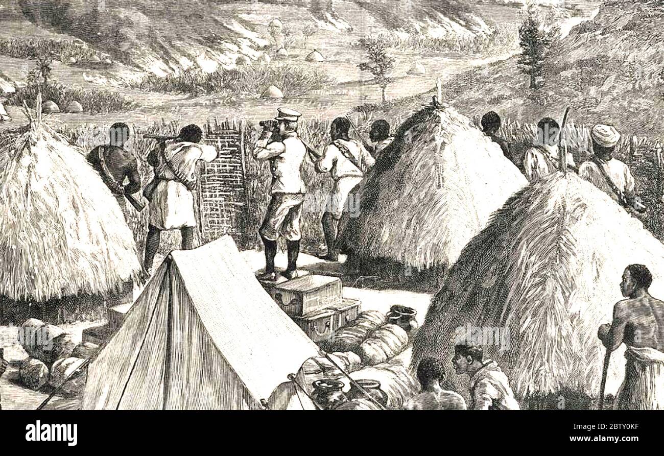 HENRY MORTON STANLEY (1841-1904) Walisischer Journalist, Forscher und Soldat, der 1887 während der Emin Pasha Relief Expedition einen Stammeskonflikt in Mazambonias Land beobachtete. Gravur aus seinem Buch im dunkelsten Afrika, veröffentlicht 1890. Stockfoto