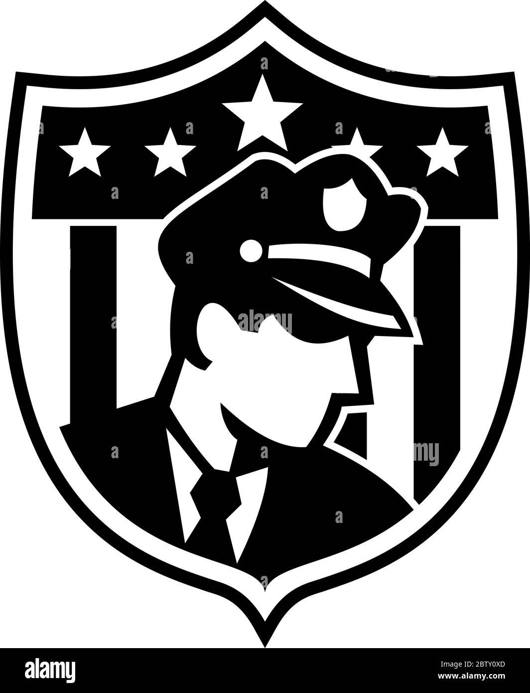 Illustration eines amerikanischen Sicherheitsbeamten Polizist oder Polizist Blick auf Seite gesetzt innerhalb Abzeichen Schild Wappen mit Sternen in Retro Schwarz an getan Stock Vektor