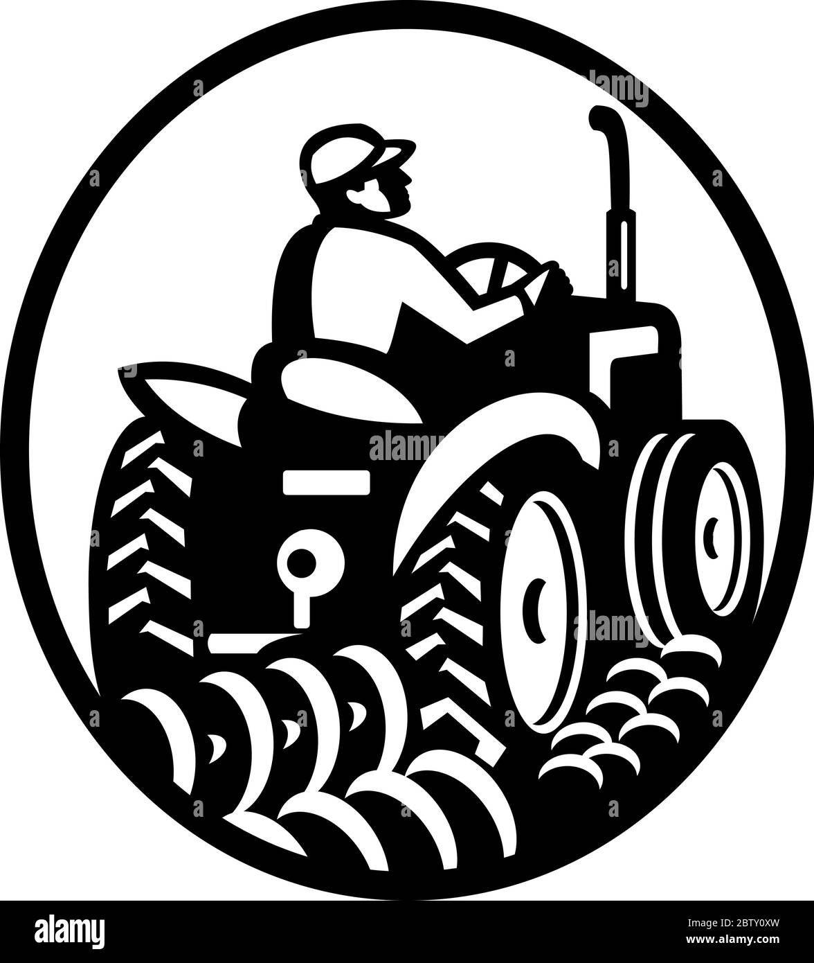 Illustration eines Bio-Bauern Pflügen Feld mit Vintage-Traktor von hinten gesehen gesetzt innen oval im Retro-Monochrome-Stil auf isoliert w gemacht Stock Vektor