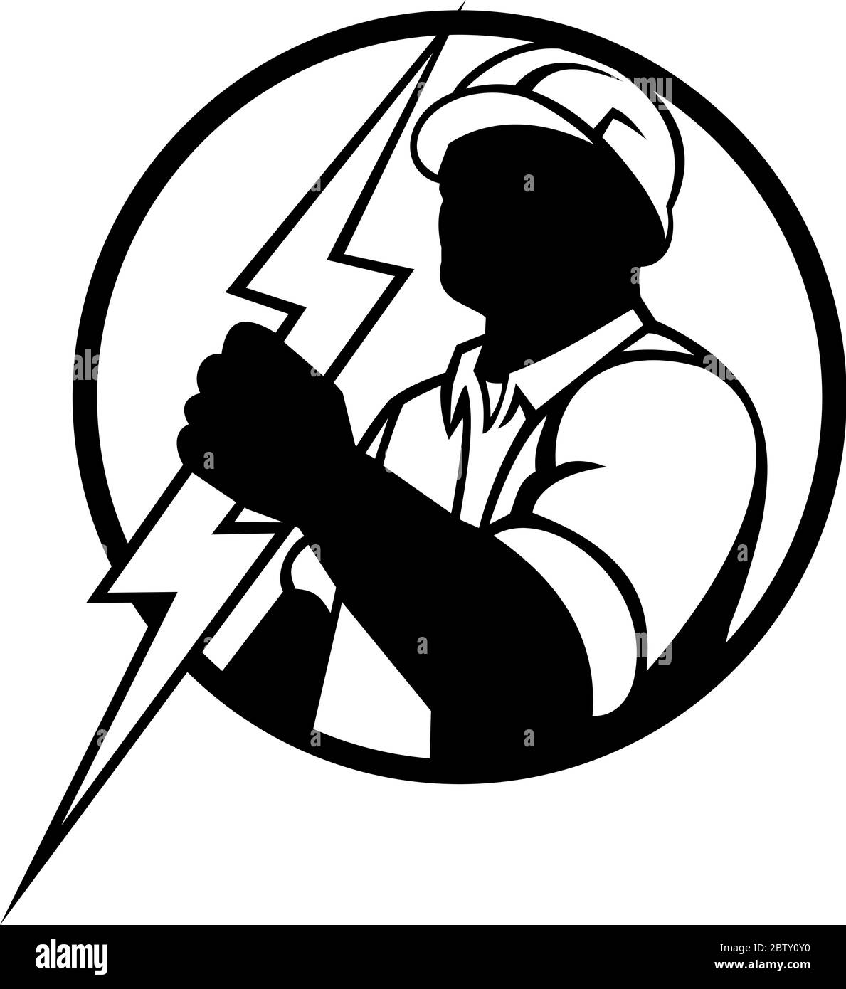Maskottchen Illustration eines Elektrikers oder Power Lineman hält einen Blitz innerhalb Kreis auf isolierten weißen Hintergrund in Retro Schwarz und gemacht gesetzt Stock Vektor