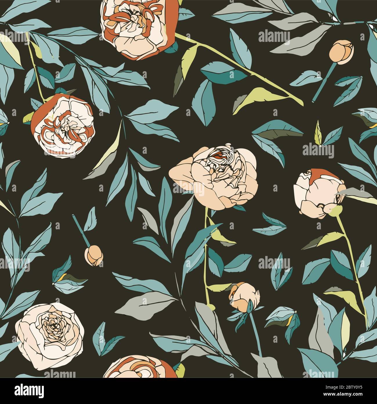 Nahtloses Muster mit Blume und Blättern. Tropische Blumen Vektor Illustration. EPS 10 Stockfoto