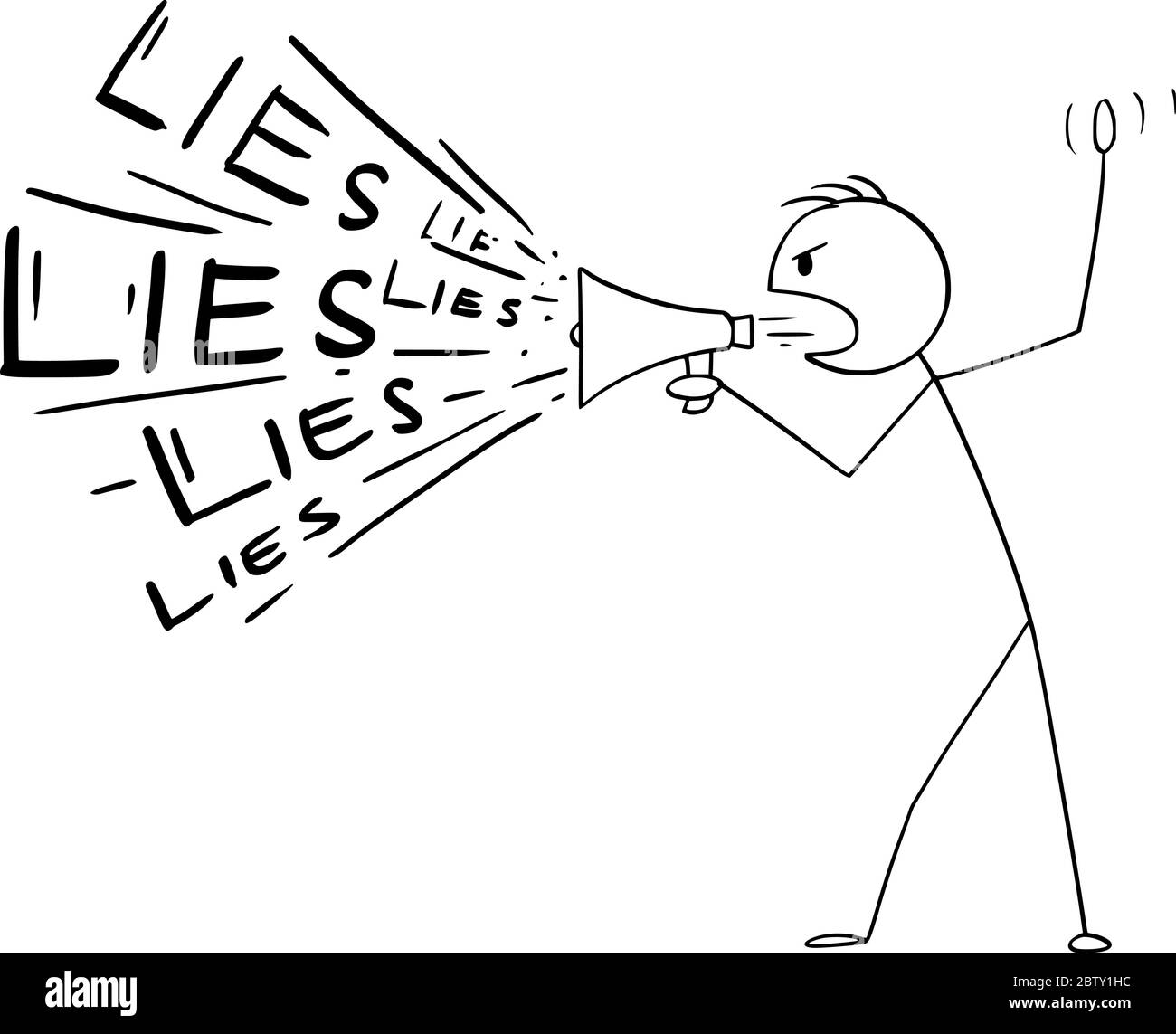 Vektor Cartoon Stick Figur Zeichnung konzeptionelle Illustration von Mann oder Politiker mit Lautsprecher oder Megaphon Lügen zu verbreiten. Stock Vektor