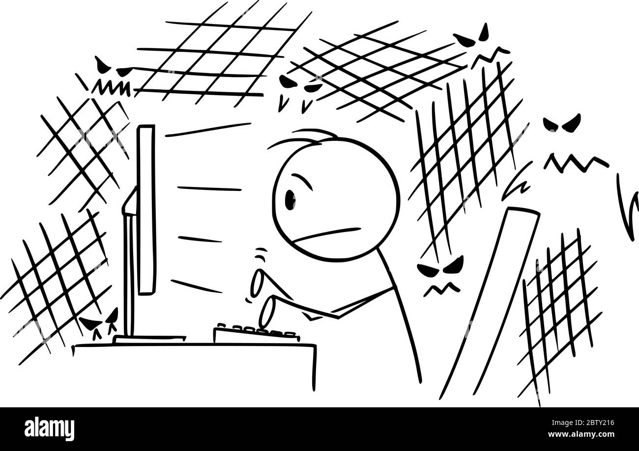 Vektor Cartoon Stick Figur Zeichnung konzeptionelle Illustration von erschrockenen oder gestressten Mann, Journalist, Schriftsteller, Autor oder Geschäftsmann Eingabe auf Computer in der Nacht, sitzen im dunklen Büro oder Zimmer. Stock Vektor