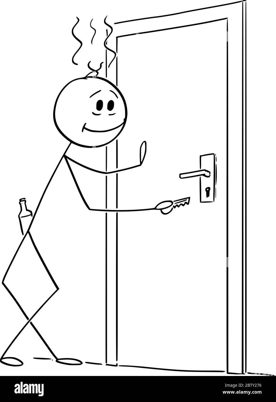 Vektor Cartoon Stick Figur Zeichnung konzeptionelle Illustration von betrunkenen Mann nach Hause zurückkehren. Konzept des Alkoholismus. Stock Vektor