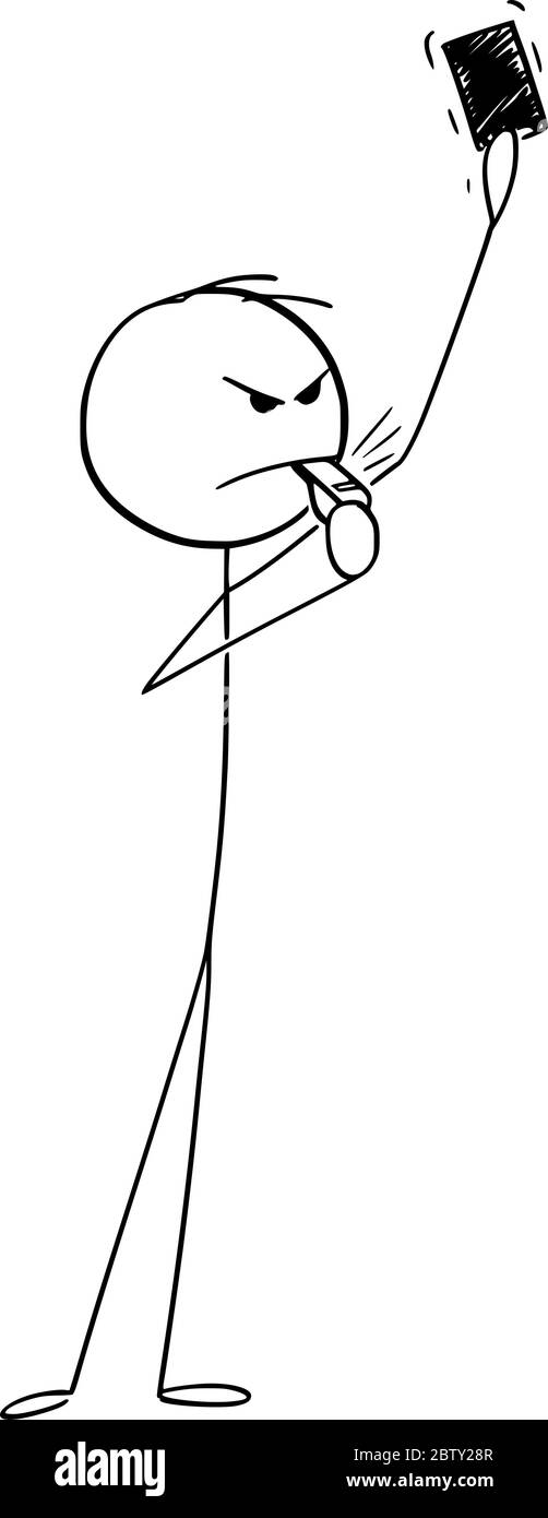 Vektor Cartoon Stick Figur Zeichnung konzeptionelle Illustration von ernsten Fußball oder Fußball Schiedsrichter mit roten Karte. Stock Vektor