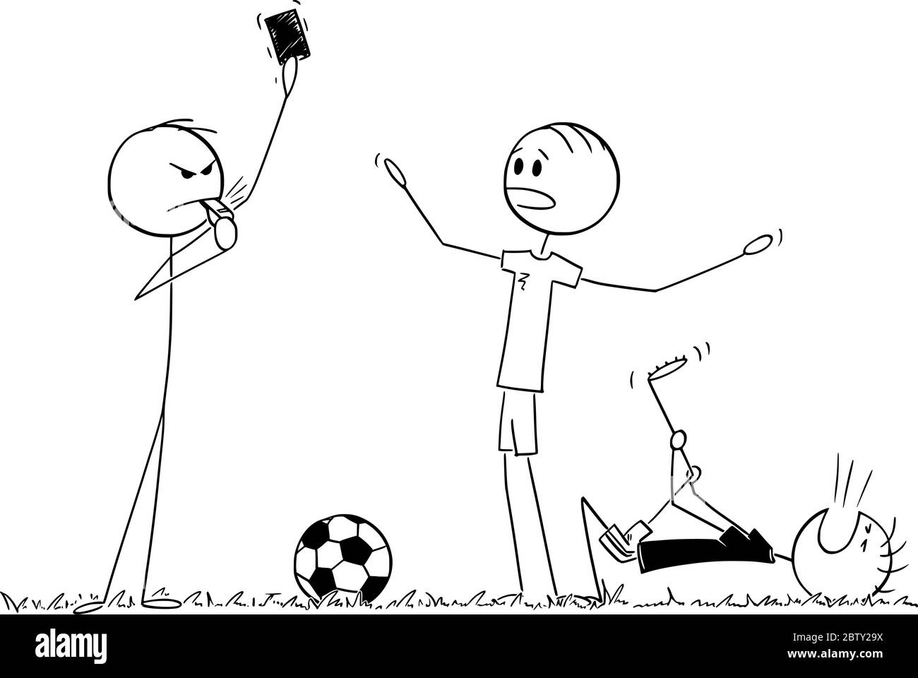 Vektor Cartoon Stick Figur Zeichnung konzeptionelle Illustration von ernsten Fußball oder Fußball Schiedsrichter zeigt rote Karte für Spieler. Stock Vektor