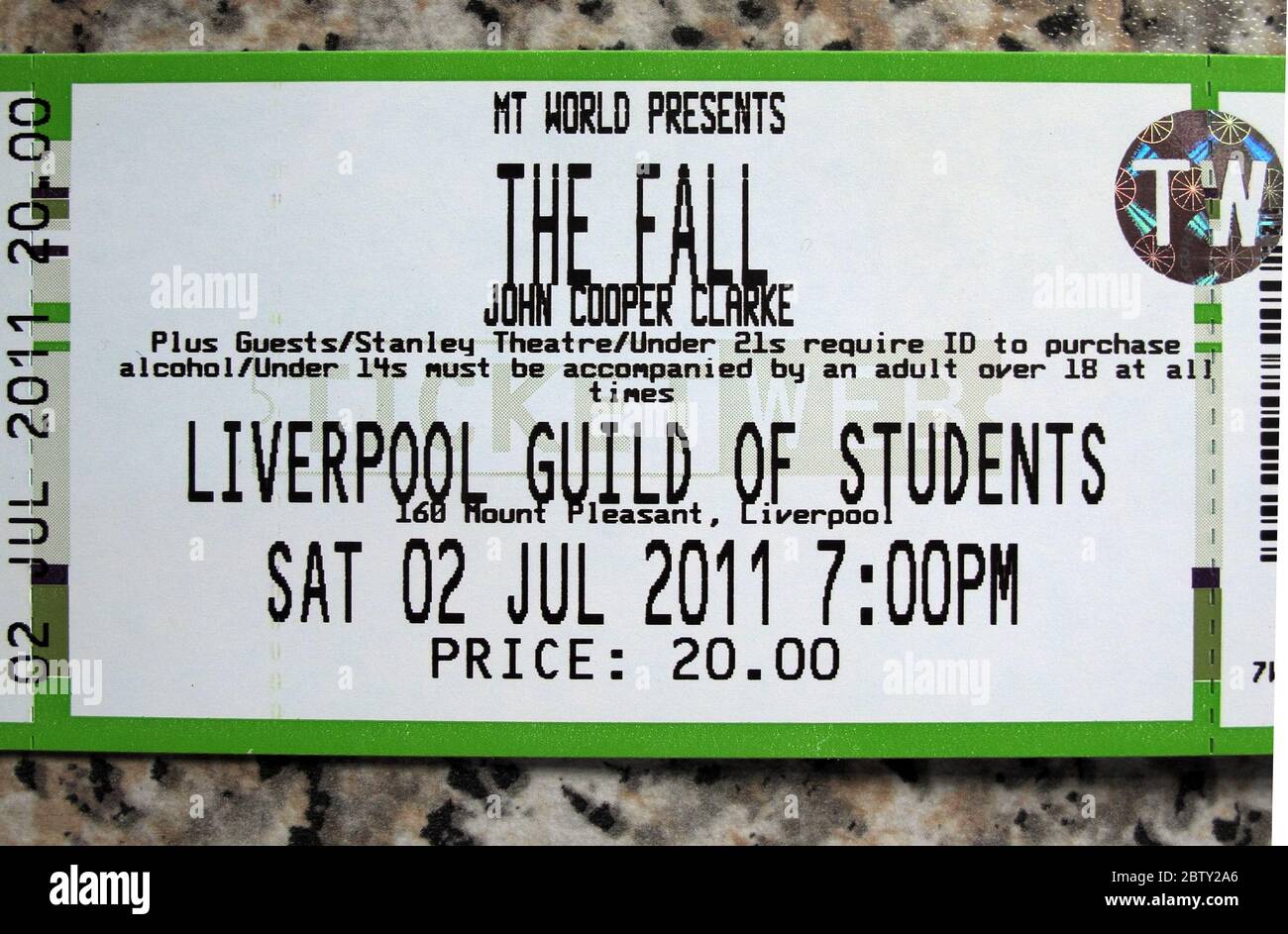 The Fall, Gig Ticket, Liverpool Guild of Students, Sa 02 Jul 2011, John Cooper Clarke Stockfoto
