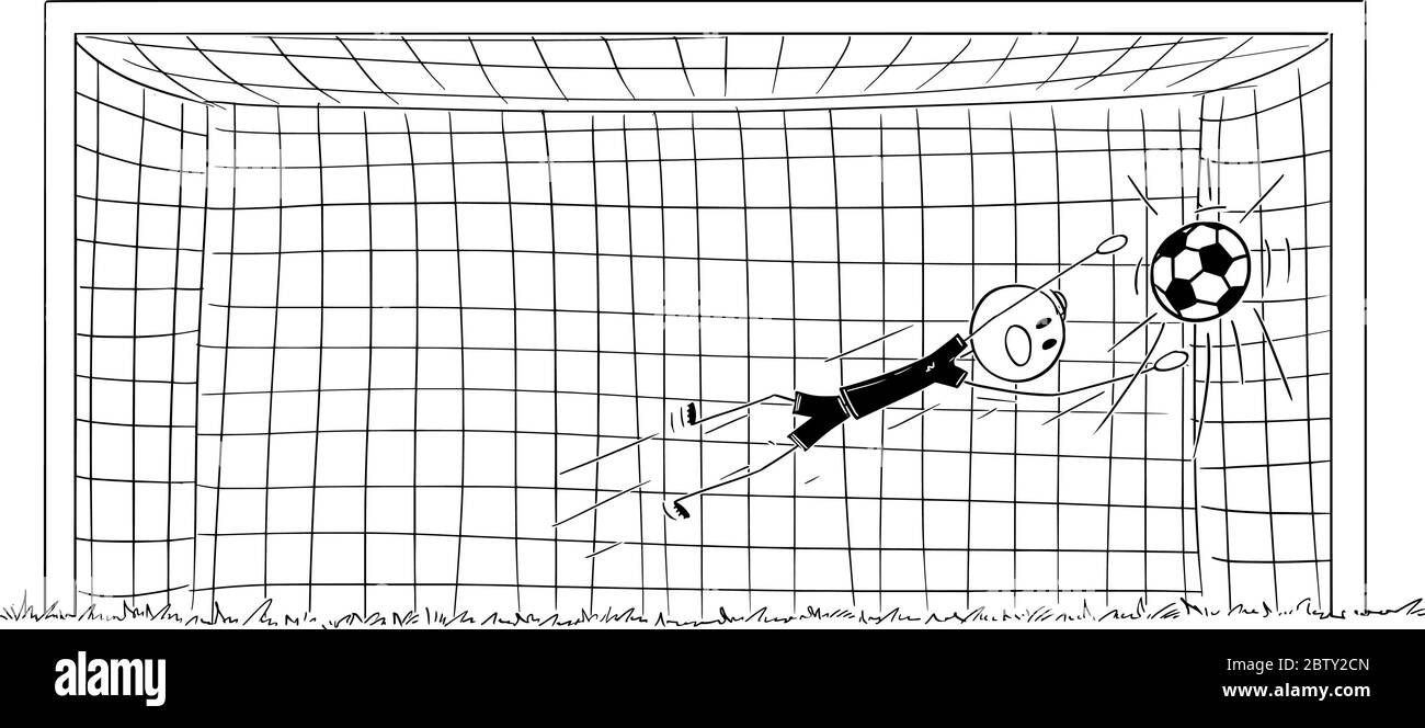 Vektor Cartoon Stick Figur Zeichnung Konzeptionelle Illustration Von Erfolgreichen Fussball Oder Fussball Torhuter Oder Torwart Springen Um Einen Ball Oder Strafe Zu Fangen Stock Vektorgrafik Alamy