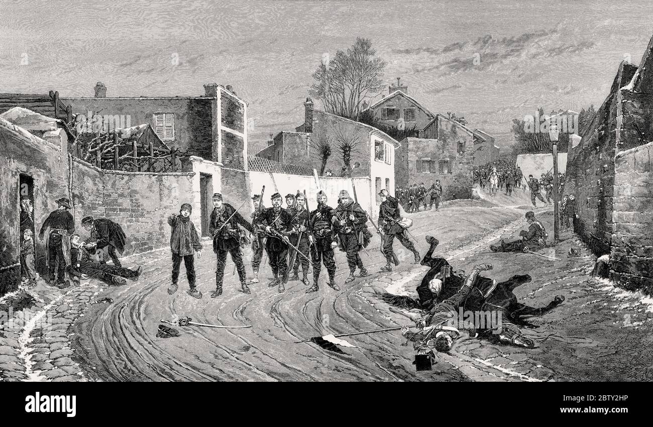 Szene aus dem französisch-preußischen Krieg; ein französisches Bataillon von Infanteristen besetzt ein Dorf Stockfoto