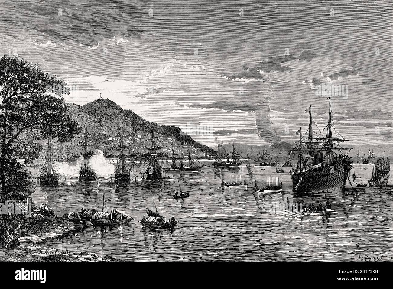 Die französische Flotte vor Anker vor Kowloon, Hong Kong Island und der Stadt Victoria, 1860 Stockfoto