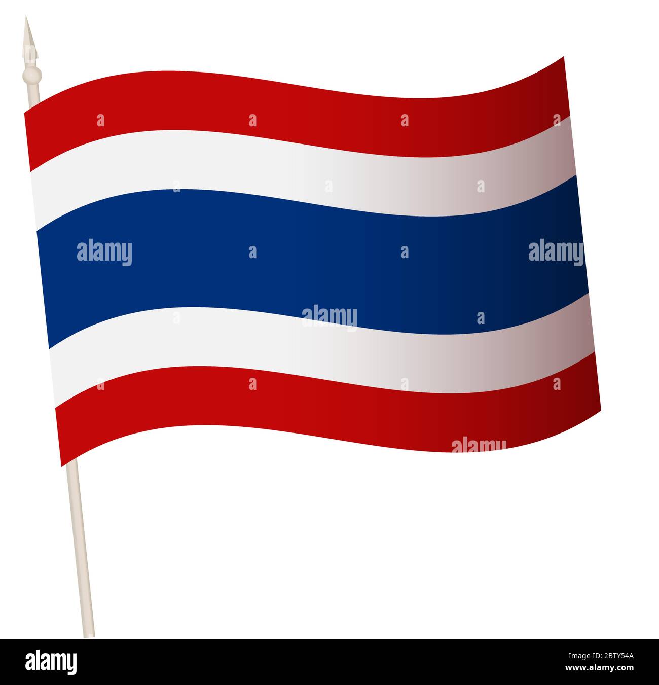 Vektor winkende Flagge auf einem Fahnenmast. Die Nationalflagge von Thailand. Farbsymbol auf Weiß isoliert. Stock Vektor